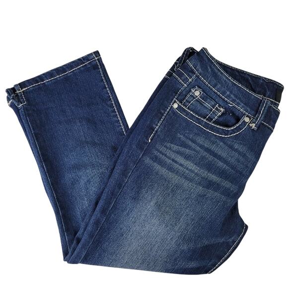 Womens Denim Capri Jeans Embellished Pockets White Stitching Blue Wash - Picture 3 of 13